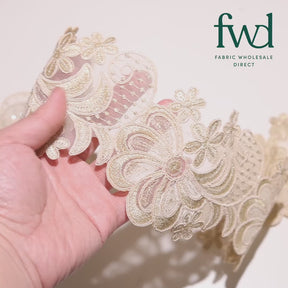 Wild Flower Corded Sequin Embroidery On 4 Inch Scalloped Mesh Lace Trim Champagne Video|SV582519