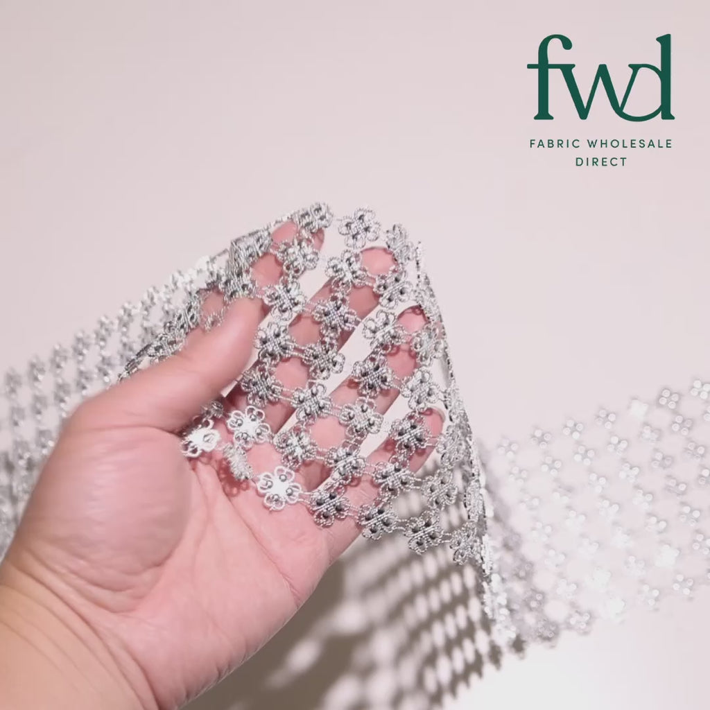 4.25 Inch Lucky Clover Filigree Metallic Studded Lace Trim (10 Yards) Silver Video|SV582577