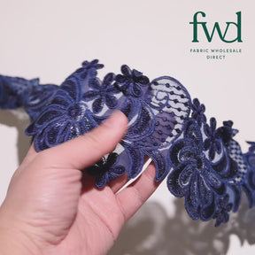 Wild Flower Corded Sequin Embroidery On 4 Inch Scalloped Mesh Lace Trim Navy Blue Video|SV582518