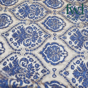 Baroque Floral Two Tone Polyester Chenille Damask Jacquard Beige / Royal Blue Fabric Video|SV581286