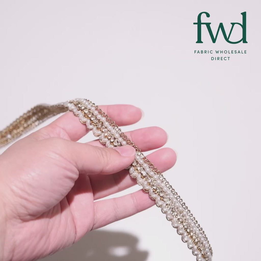 3/4 Inch Pearly Beaded Rhinestone Metallic Corded Fabric Trim Antique Gold Video|SV582736