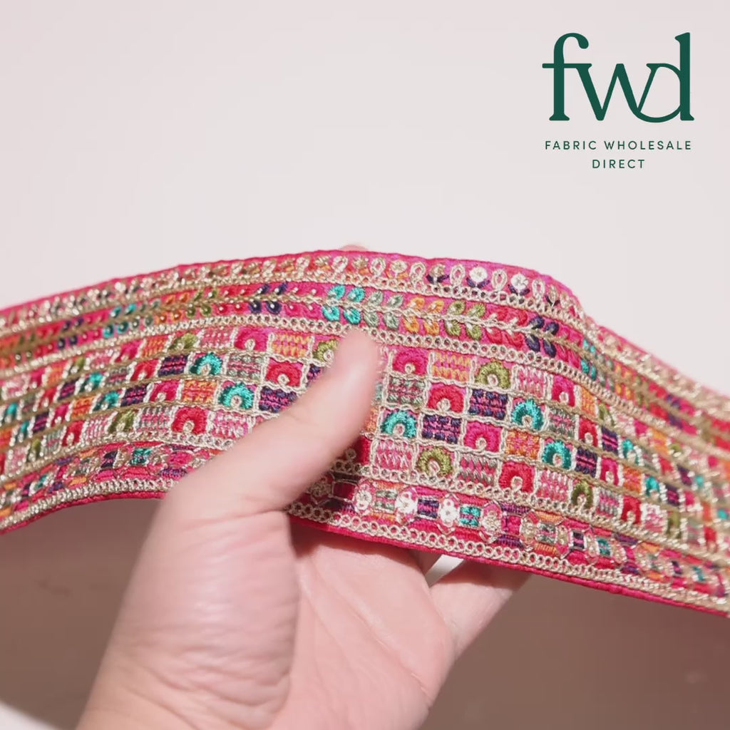 3 Inch Geometric Floral Sequined Metallic Embroidery On Hemmed Woven Fabric Trim Rani Video|SV582499