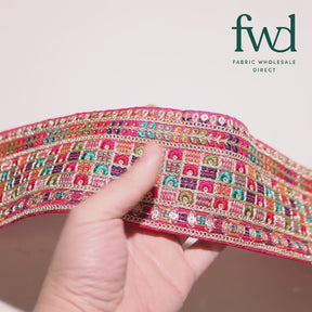 3 Inch Geometric Floral Sequined Metallic Embroidery On Hemmed Woven Fabric Trim Rani Video|SV582499