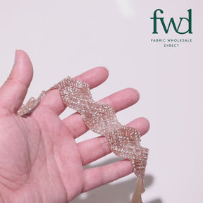 1.25 Inch Beaded Rhinestone Glitter Infused Iron On Scalloped Mesh Fabric Trim Peach Video|SV582901