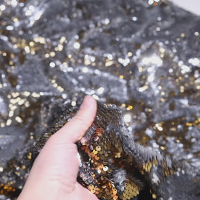 Two-Sided Reversible Sequins On Stretch Mesh Gold / Silver Fabric Video|SV576258