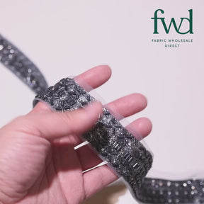 1.25 Inch Beaded Rhinestone Glitter Infused Iron On Single Fold Mesh Fabric Trim Grey Video|SV582898