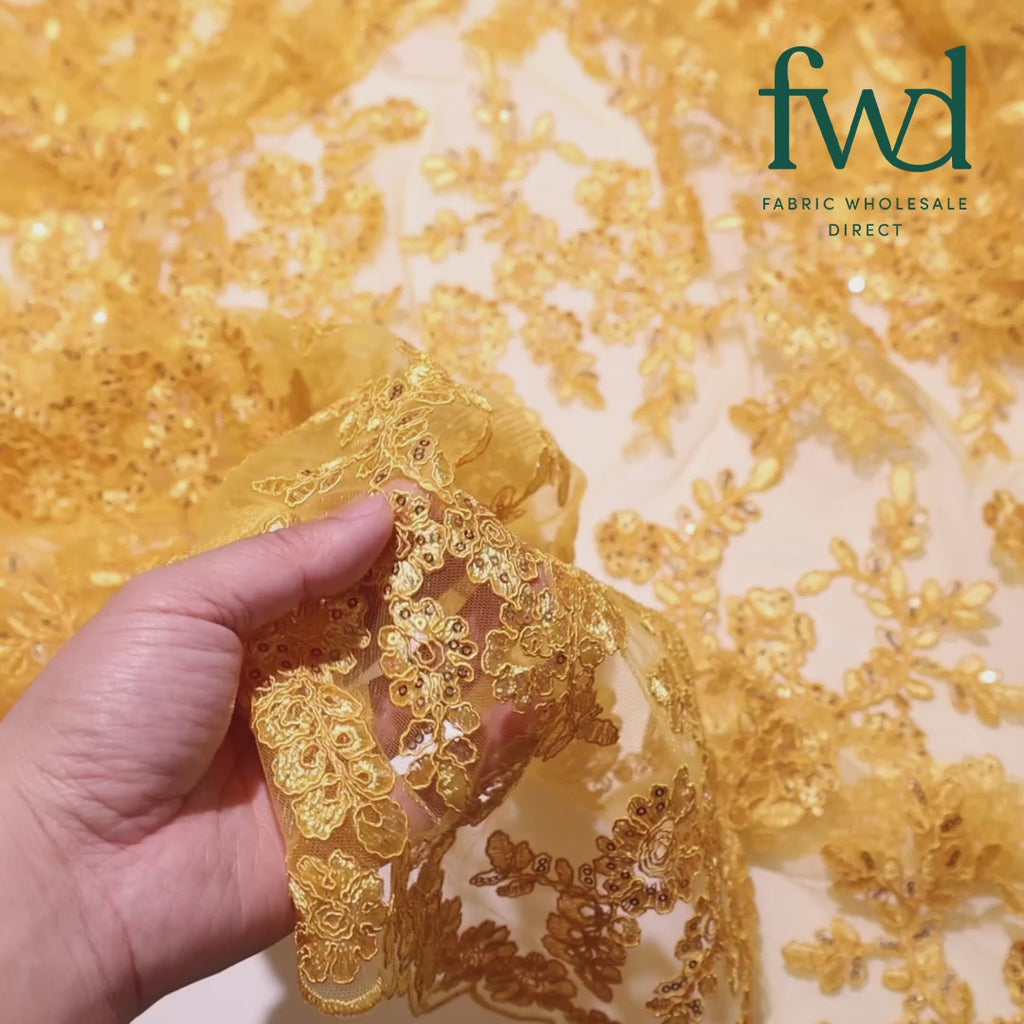 Sheer Floral Sequined Embroidery On Lace Fabric Gold Video|SV582716