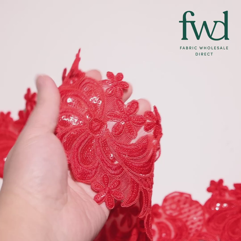 Wild Flower Corded Sequin Embroidery On 4 Inch Scalloped Mesh Lace Trim Red Video|SV582521