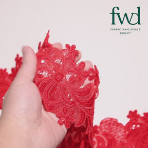 Wild Flower Corded Sequin Embroidery On 4 Inch Scalloped Mesh Lace Trim Red Video|SV582521