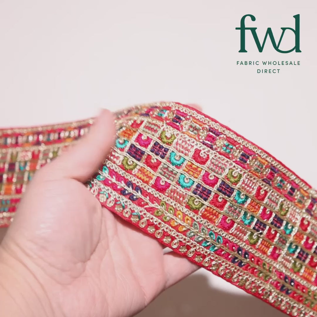 3 Inch Geometric Floral Sequined Metallic Embroidery On Hemmed Woven Fabric Trim Red Video|SV582500