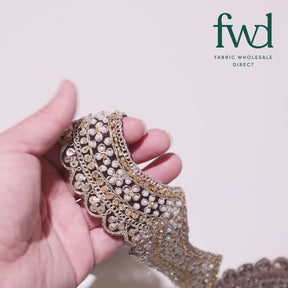 2.5 Inch Beaded Sequin Metallic Cording On Scalloped Mesh Lace Fabric Trim Black Video|SV582995