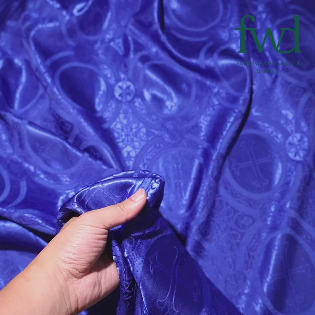 Liturgical Church Ecclesiastical Satin Jacquard Brocade Royal Blue Fabric Video|SV581956