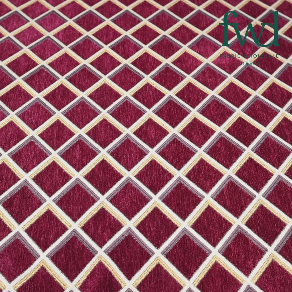 Geometric Grid Metallic Chenille Upholstery Jacquard Burgundy / Gold Fabric Video|SV581281