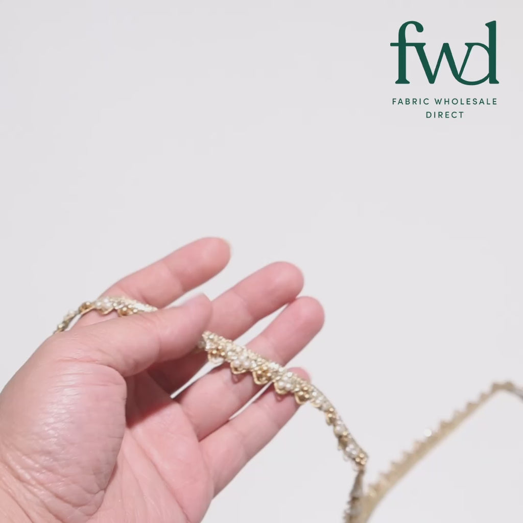 1/2 Inch Metallic Ribbon & Cording On Pearly Beaded Fabric Trim Gold / White & Gold Video|SV583119-HP