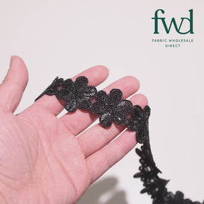 Daisy Flower Corded Sequin Embroidery On 1 & 1/2 Inch Scalloped Mesh Lace Trim Black Video|SV582506