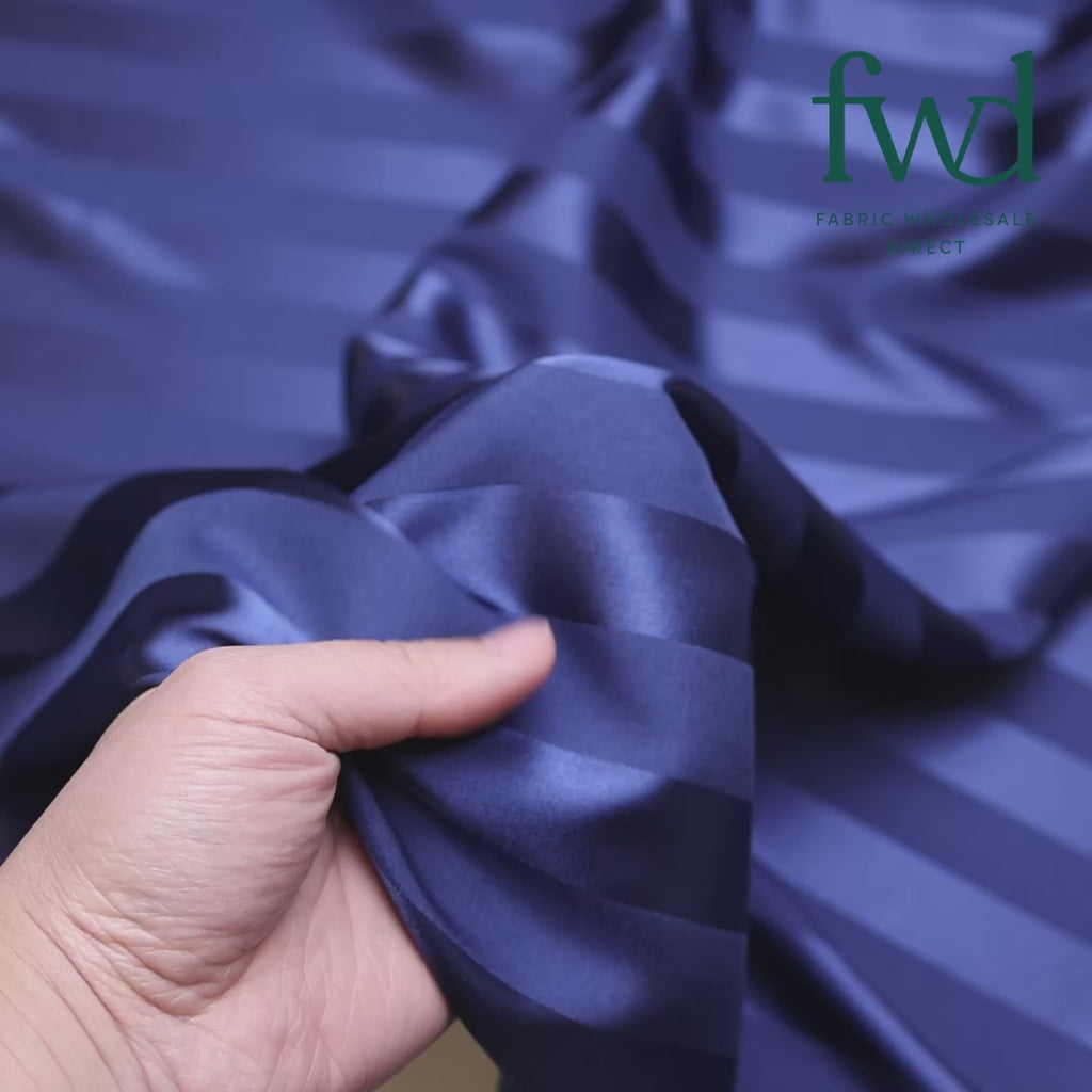 1 Inch Striped Stretch Satin Jacquard Navy Blue Fabric Video|SV581730