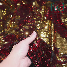Two-Sided Reversible Sequins On Stretch Mesh Gold / Red Fabric Video|SV574633