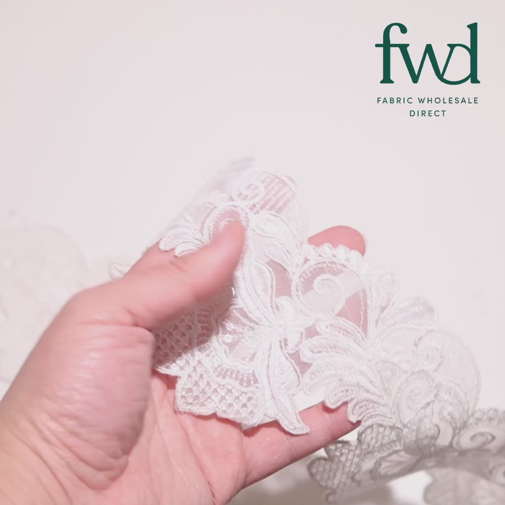 Leafy Floral Corded Sequin Embroidery On 4 Inch Scalloped Mesh Lace Trim White Video|SV582522