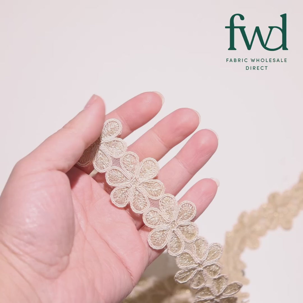 Daisy Flower Corded Sequin Embroidery On 1 & 1/2 Inch Scalloped Mesh Lace Trim Champagne Video|SV582503