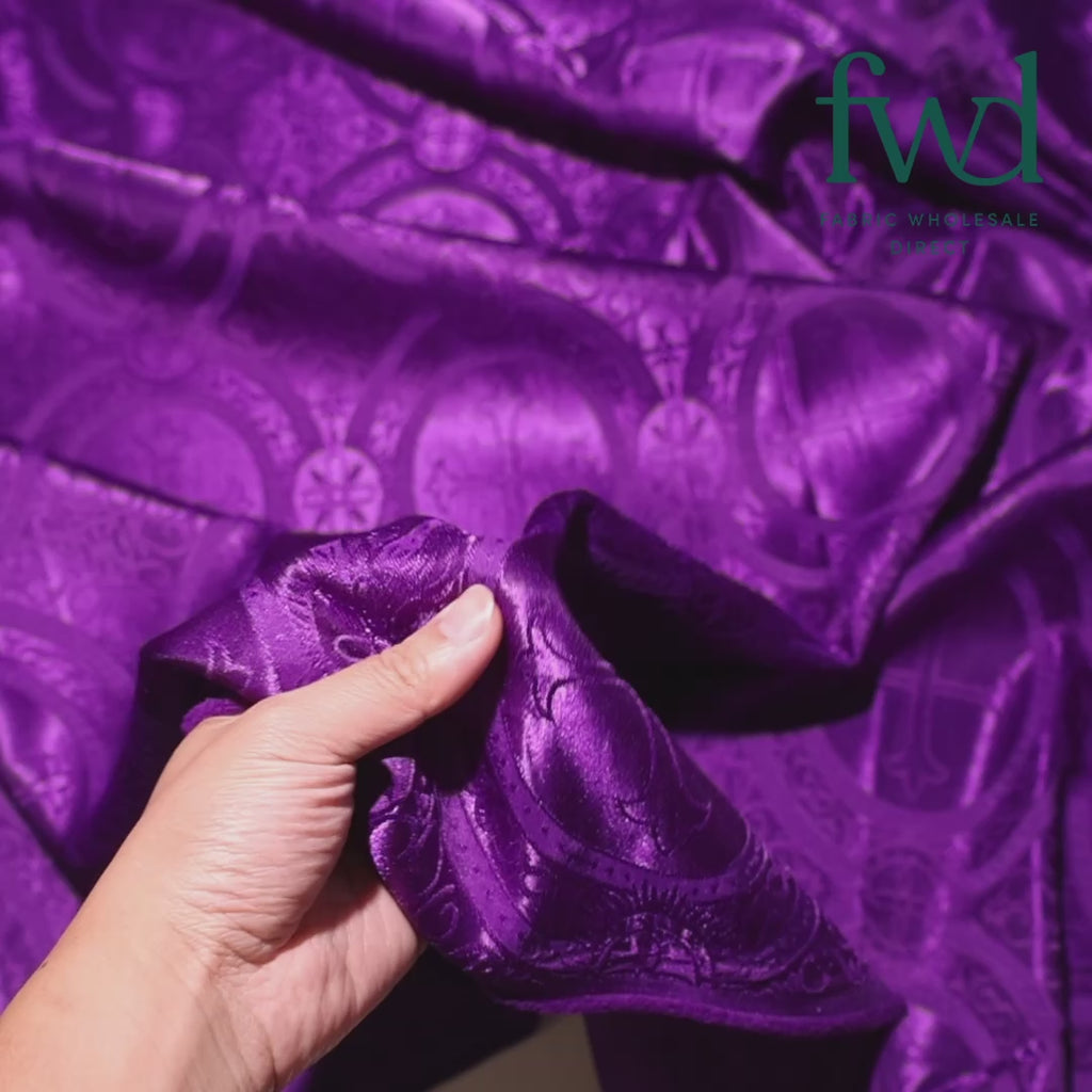 Liturgical Church Ecclesiastical Satin Jacquard Brocade Purple Fabric Video|SV581957