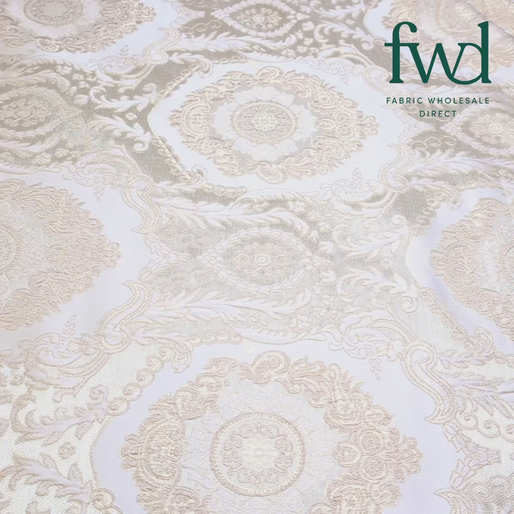 Versailles Extra Wide Two Tone Metallic Damask Jacquard Ivory Fabric Video|SV581137