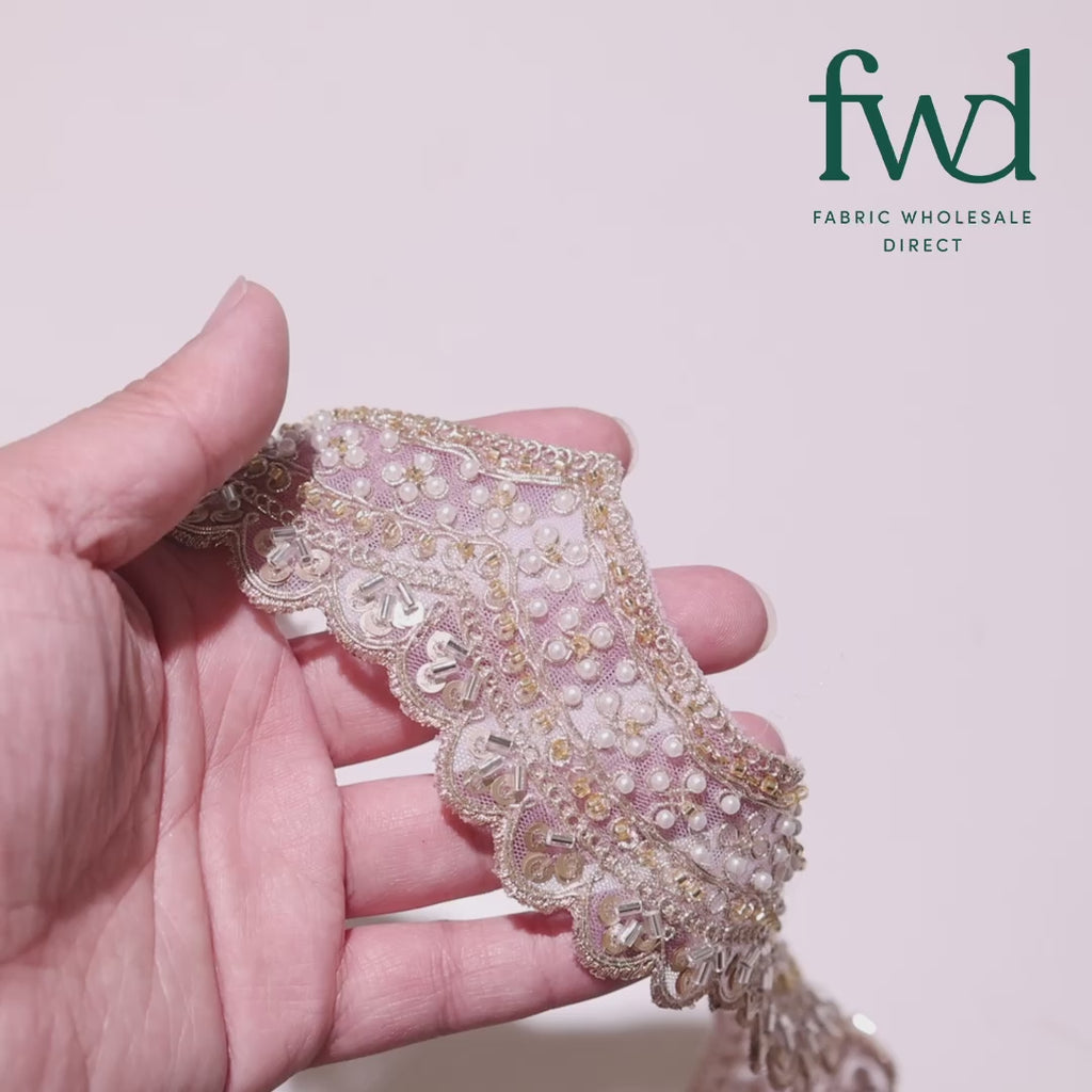 2.5 Inch Beaded Sequin Metallic Cording On Scalloped Mesh Lace Fabric Trim Lavender Video|SV582992