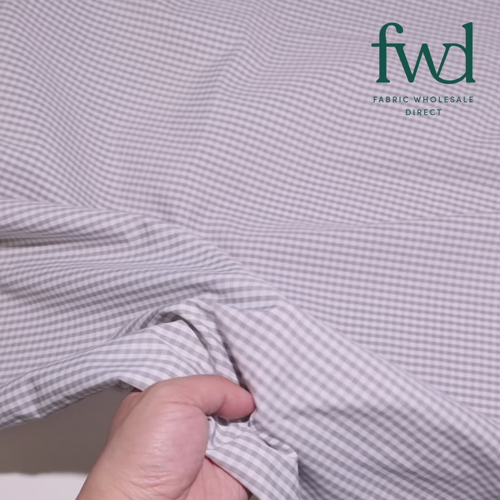 1/8 Inch Gingham Check Polyester Cotton Poplin Fabric Silver / White Fabric Video|SV582945