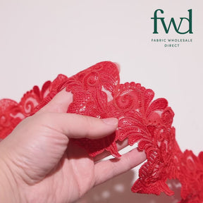Leafy Floral Corded Sequin Embroidery On 4 Inch Scalloped Mesh Lace Trim Red Video|SV582526