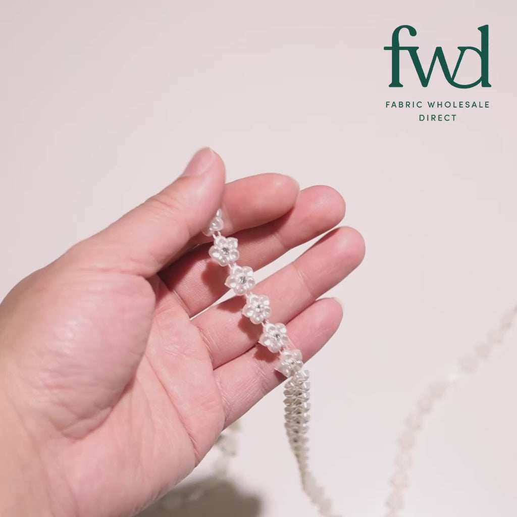7/16 Inch Forget Me Not Floral Rhinestone Diamond Chain Trim (10 Yards) Off White Video|SV582539
