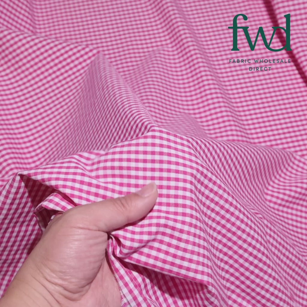1/8 Inch Gingham Check Polyester Cotton Poplin Fabric Fuchsia / White Fabric Video|SV575737