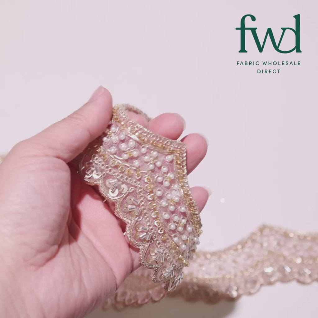 2.5 Inch Beaded Sequin Metallic Cording On Scalloped Mesh Lace Fabric Trim Pink Video|SV582997