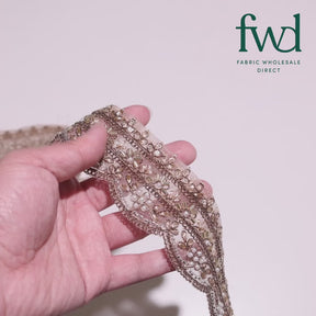 2 Inch Beaded Pearl Metallic Corded Embroidery On Scalloped Mesh Fabric Trim Antique Gold Video|SV582490