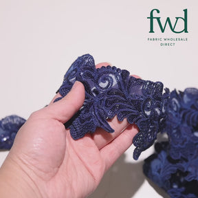 Leafy Floral Corded Sequin Embroidery On 4 Inch Scalloped Mesh Lace Trim Navy Blue Video|SV582524