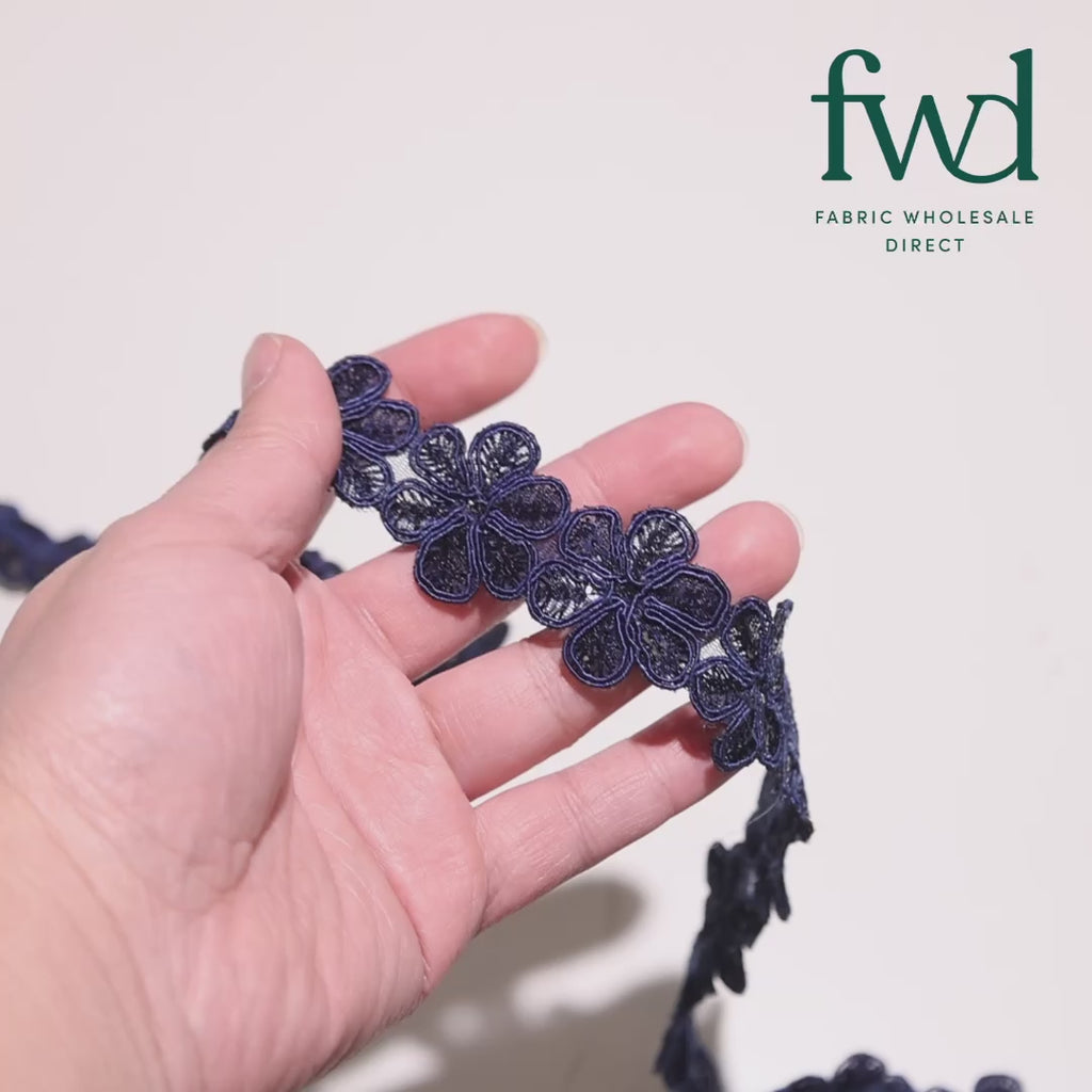 Daisy Flower Corded Sequin Embroidery On 1 & 1/2 Inch Scalloped Mesh Lace Trim Navy Blue Video|SV582504