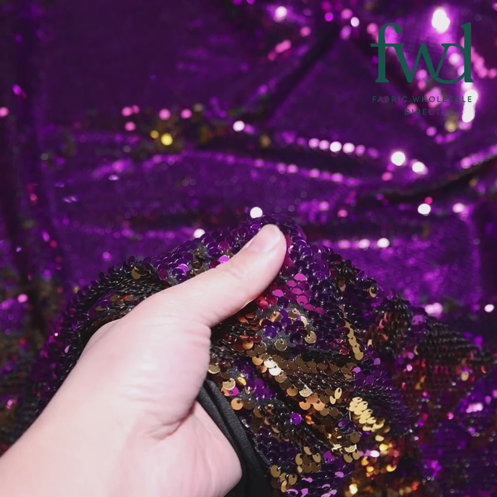 Two-Sided Reversible Sequins On Stretch Mesh Gold / Purple Fabric Video|SV574632