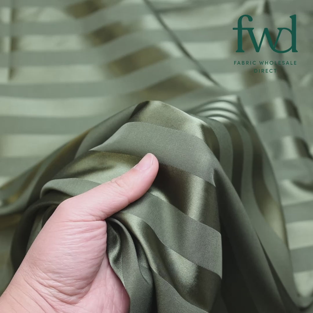1 Inch Striped Stretch Satin Jacquard Olive Fabric Video|SV581728