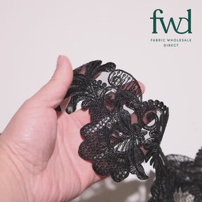 Leafy Floral Corded Sequin Embroidery On 4 Inch Scalloped Mesh Lace Trim Black Video|SV582561