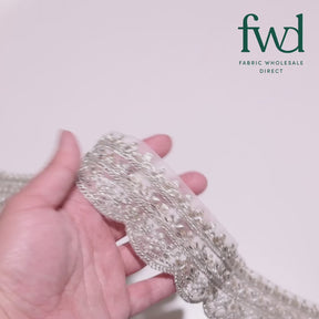 2 Inch Beaded Pearl Metallic Corded Embroidery On Scalloped Mesh Fabric Trim Silver Video|SV582488