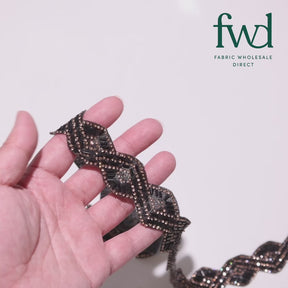1.25 Inch Beaded Rhinestone Glitter Infused Iron On Scalloped Mesh Fabric Trim Gold / Black Video|SV582902