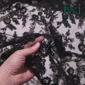 Sheer Floral Sequined Embroidery On Lace Fabric Black Video|SV582717