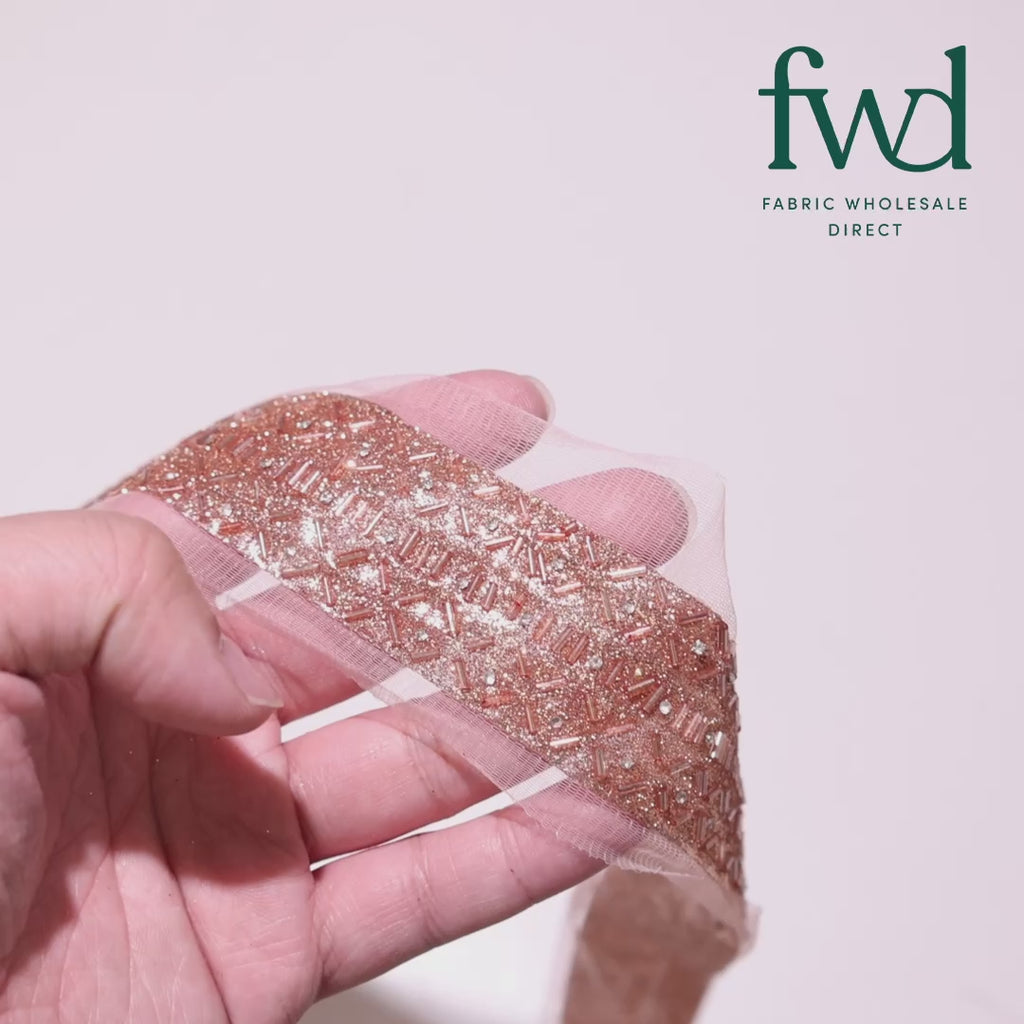 1.25 Inch Beaded Rhinestone Glitter Infused Iron On Single Fold Mesh Fabric Trim Antique Gold Video|SV582896