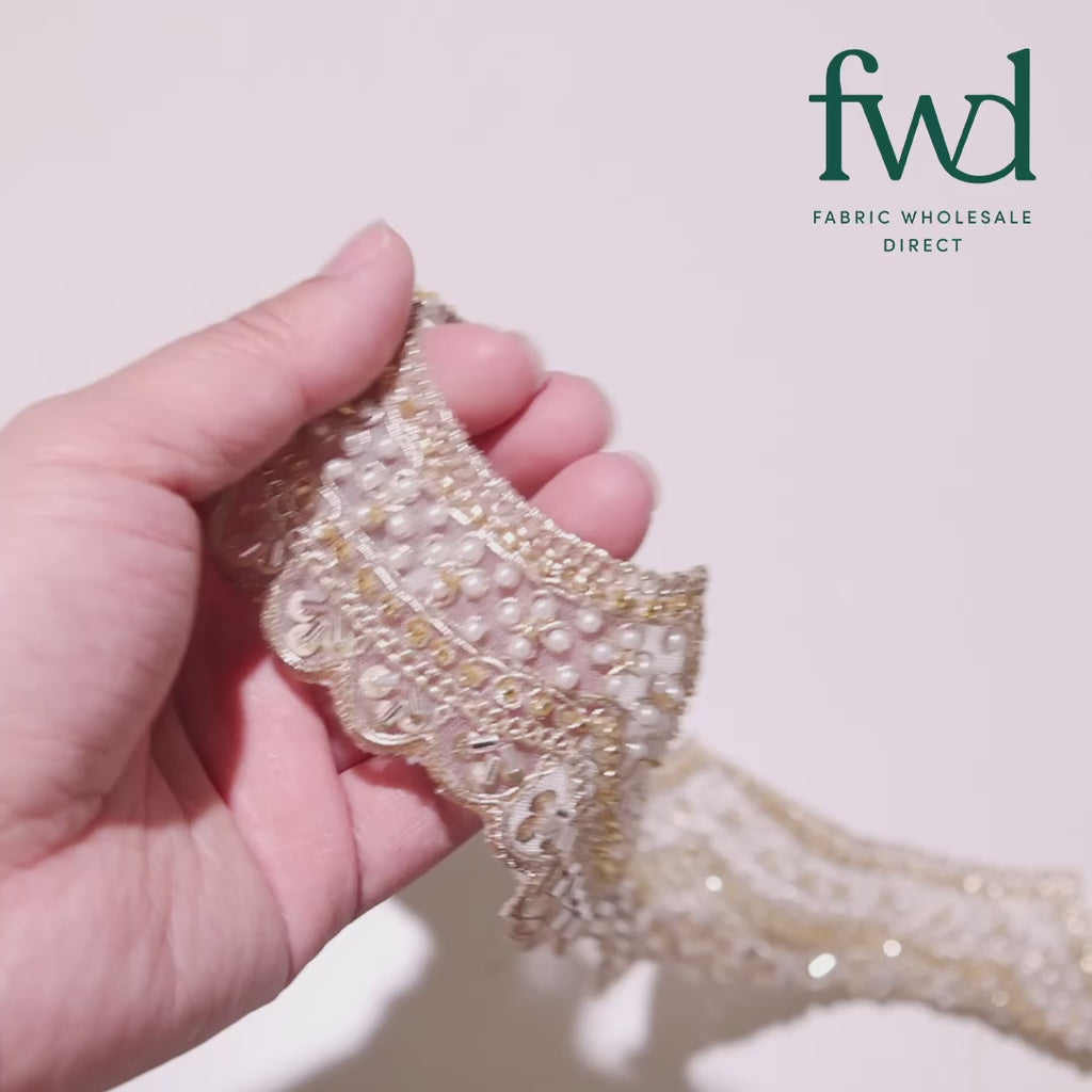 2.5 Inch Beaded Sequin Metallic Cording On Scalloped Mesh Lace Fabric Trim Beige Video|SV582996