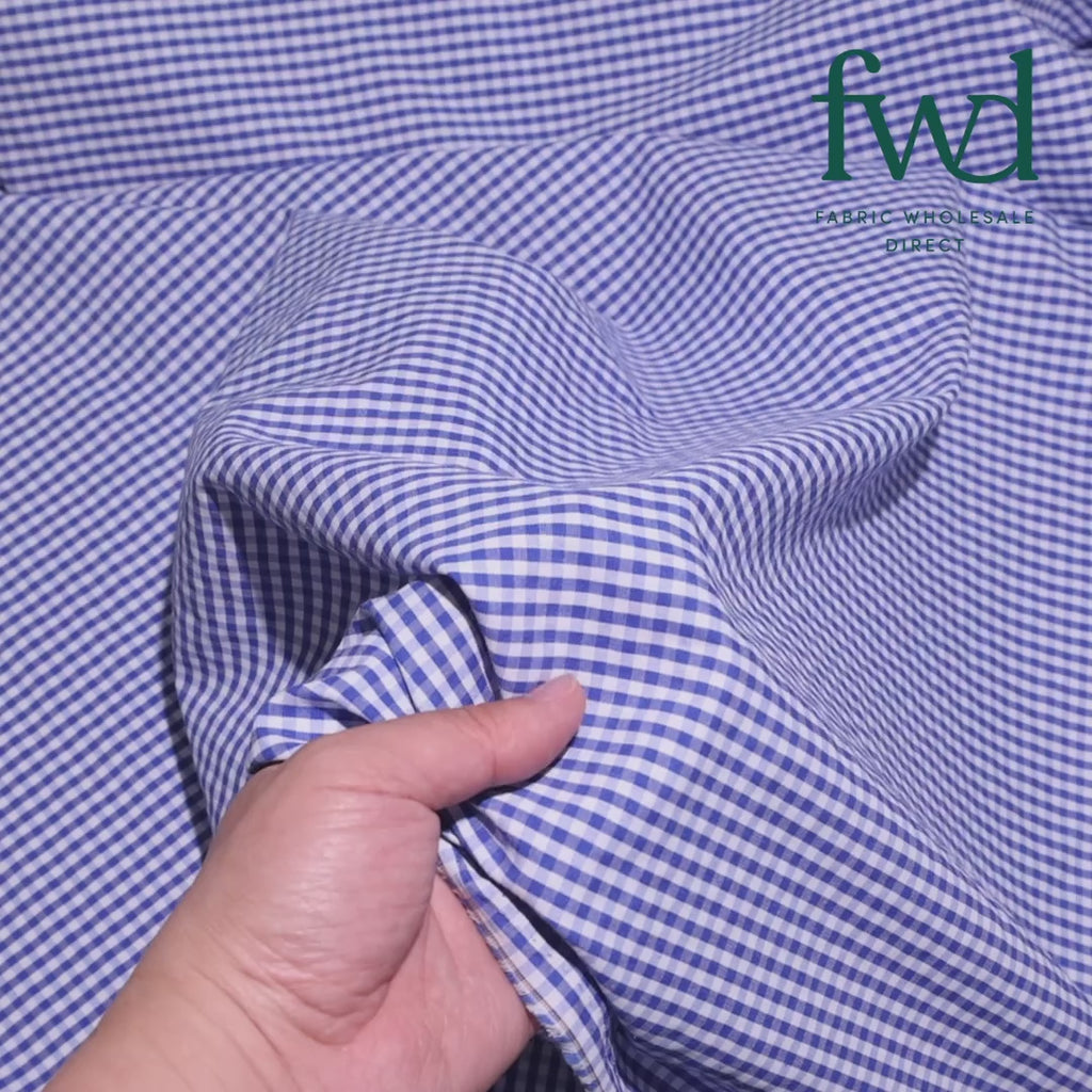 1/8 Inch Gingham Check Polyester Cotton Poplin Fabric Royal Blue / White Fabric Video|SV582934
