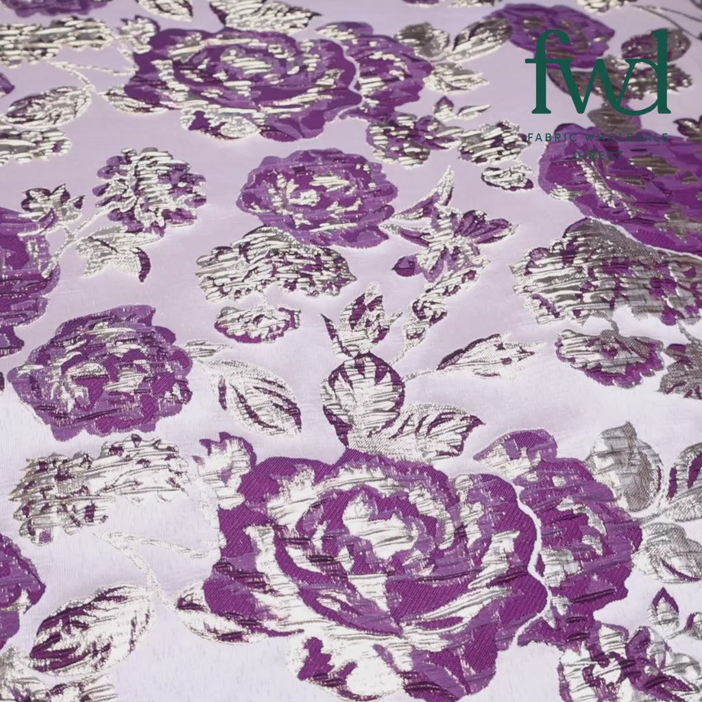 Rose Floral Plain Woven Crinkle Metallic Brocade Jacquard Plum / Gold Fabric Video|SV580728