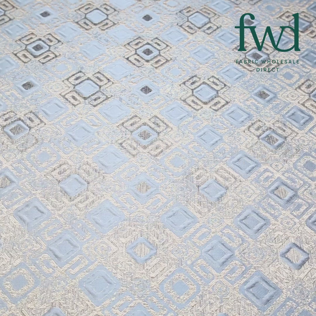 Geometric Square Extra Wide Metallic Upholstery Jacquard Blue Fabric Video|SV581123