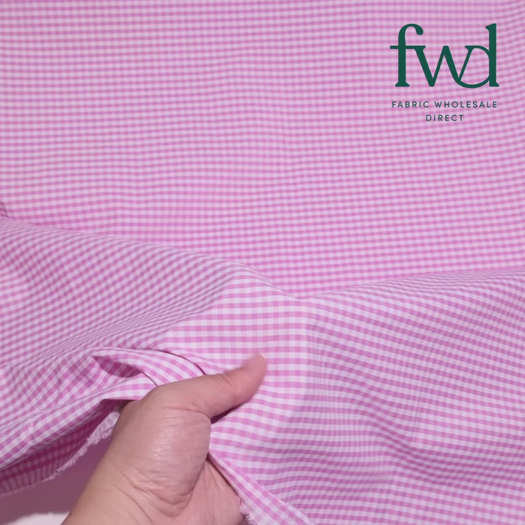 1/8 Inch Gingham Check Polyester Cotton Poplin Fabric Lavender / White Fabric Video|SV582942