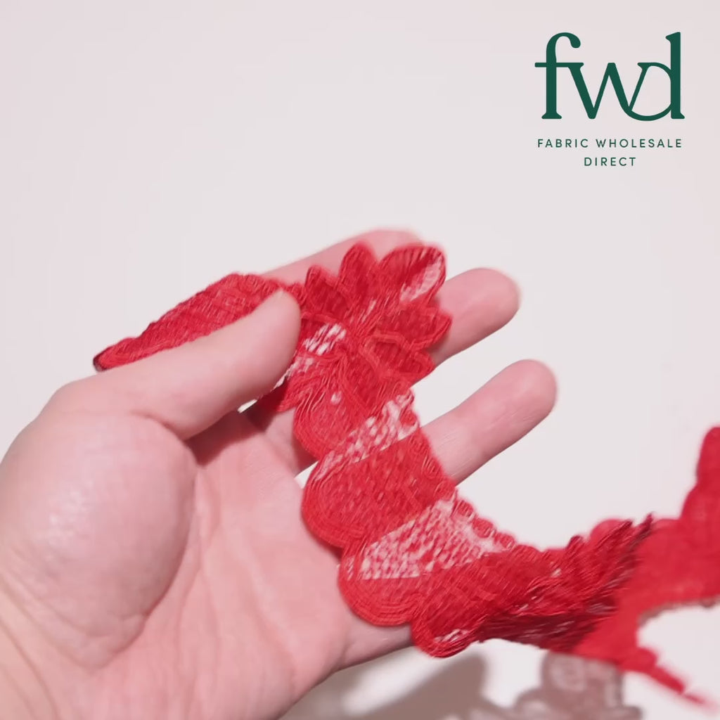 Swirly Flower Corded Sequin Embroidery On 3 & 1/2 Inch Scalloped Mesh Lace Trim Red Video|SV582867