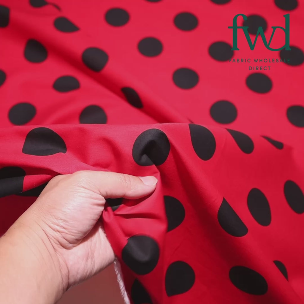 Extra Large Polka Dot Printed Cotton Poplin (58/60 Inch) Red / Black Fabric Video|SV576935