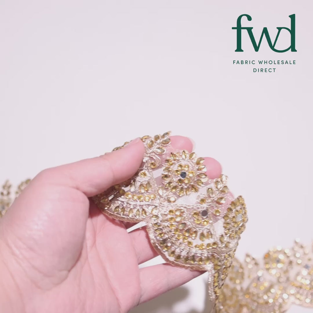 2.5 Inch Floral Metallic Cording With Rhinestones & Embroidery On Mesh Fabric Trim Champagne Video|SV582527