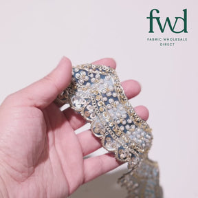 2.5 Inch Beaded Sequin Metallic Cording On Scalloped Mesh Lace Fabric Trim Blue Video|SV582991